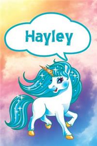 Hayley: Personalized Unicorn Handwriting Practice Paper for Kids Notebook with Dotted Lined Sheets for K-3 Students Featuring 120 Lined Pages 6x9