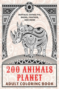 200 Animals Planet - Adult Coloring Book - Buffalo, Guinea pig, Rhino, Panther, and more