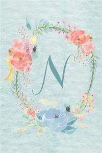 Notebook 6"x9" - Initial N - Light Blue and Pink Floral Design: College ruled notebook with initials/monogram - alphabet series.