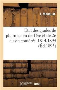 État Des Grades de Pharmacien de 1ère Et de 2e Classe Conférés, 1814-1894. Tableau Comparatif