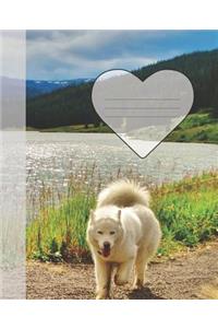 Cute White Husky Dog in Rockies Mountain Lake Wide-ruled School Composition Lined Notebook