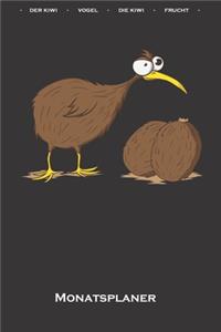 Verrückter Kiwivogel neben zwei Kiwifrüchten Monatsplaner