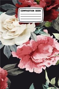 Composition Book: Floral Roses Red & White Bohemian, 6x9 inches, 120 Blank Lined Pages, Mate cover