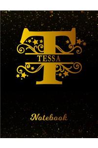 Tessa Notebook: Letter T Personalized First Name Personal Writing Notepad Journal Black Gold Glitter Pattern Effect Cover College Ruled Lined Paper for Journalists 