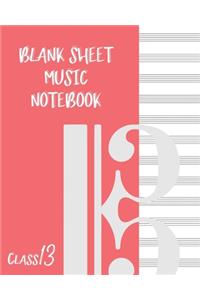 Blank Sheet Music Composition Manuscript Staff Paper Art Music CLASS 13 Notebook Pink Cover