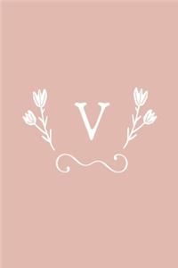 V: Monogram initial medium-lined notebook. Pink and white diary.