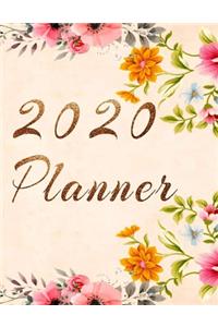 2020 Planner Weekly and Monthly Jan 1, 2020 to Dec 31, 2020 year planner Floral Pink Orange Yellow turquoise flowers Cover gilt Aureate & golden style day by day scheduler agenda Weekly & Monthly Planner & planning Calendar Views