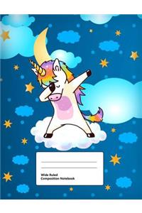 Wide Ruled Composition Notebook: Writing Book Journal, Soft Cover, Blank Lined Paper, 100 Pages, Cute Animal Designs Dabbing Unicorn for Kids Blue