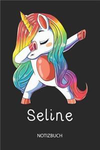 Seline - Notizbuch: Individuelles personalisiertes Mädchen & Frauen Namen blanko Regenbogen Dabbing Einhorn Notizbuch. Liniert leere Seiten. Ideal als Uni & coole Schul