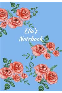 Elia's Notebook: Personalized Journal - Garden Flowers Pattern. Red Rose Blooms on Baby Blue Cover. Dot Grid Notebook for Notes, Journaling. Floral Watercolor Design