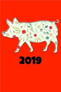 2019: Lucky Floral Pig Happy Chinese Lunar New Year 2019 Red Notebook Gift
