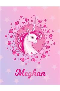 Meghan: Meghan Magical Unicorn Horse Large Blank Pre-K Primary Draw & Write Storybook Paper - Personalized Letter M Initial Custom First Name Cover - Story 