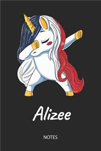 Alizee - Notes: Noms Personnalisé Carnet de notes Journal pour les filles et les femmes. Licorne qui dab aux cheveux aux couleurs du drapeau français. Accessoires d