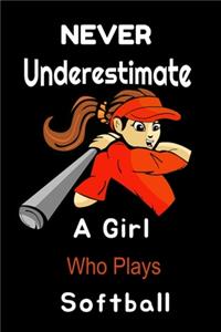 Never Underestimate a Girl Who Plays Softball: Softball Players Notebook/journal, Softball Gifts, Softball Girls Birthday, Funny Softball.