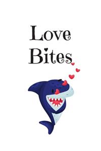 Love Bites, Graph Paper Composition Journal Notebook, White Cover with a Cute Baby Shark, Little Hearts & a Funny Shark Pun Saying