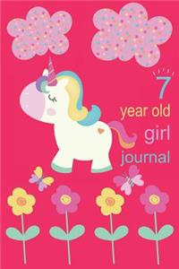 7 Year Old Girl Journal: Cute Pink Unicorn Diary for Little Girls with Blue Rainbow, Flowers and Butterflies