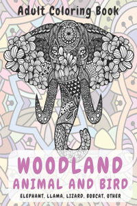 Woodland Animal and Bird - Adult Coloring Book - Elephant, Llama, Lizard, Bobcat, other