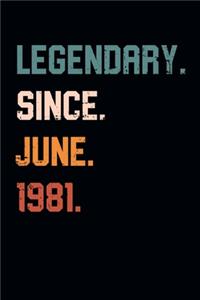 Blank Lined Journal, Notebook, Diary, Planner - Legendary Since June 1981 - 38th Birthday Gift For 38 Years Old Men and Women born in June