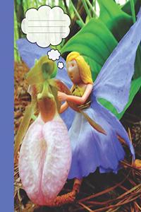 Periwinkle Blue Fairy & Pink Lady Slipper Blank Wide-ruled Lined School Composition Notebook