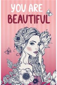 You are beautiful, Self esteem quote for girl, pink portrait face women (Composition Book Journal and Diary)
