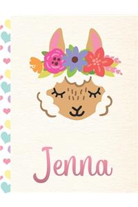 Jenna: Personalized Llama Journal For Girls - 8.5x11 110 Pages Notebook/Diary With Pink Name