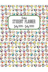 Dated Student Planner July 2019 - July 2020.: Academic Year School Diary with Calendar. Colourful animal footprints