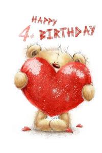 Happy 4th Birthday: Cute Teddy Bear Hugging a Heart Primary Writing Tablet for 4 Year Old Kids Learning How to Write, 65 Sheets of Practice Paper with 1 Ruling Designed for Preschoolers