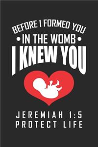 Before I formed you in the womb I knew you: Pro-Life Jeremiah 1:5 ruled Notebook 6x9 Inches - 120 lined pages for notes, drawings, formulas - Organizer writing book planner diary