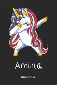 Amina - Notebook: Blank Lined Personalized & Customized Name Patriotic USA Flag Hair Dabbing Unicorn School Notebook / Journal for Girls & Women. Funny Unicorn Desk A