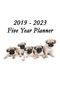 2019 - 2023 Five Year Planner: Pug Puppies Cover - Includes Major U.S. Holidays and Sporting Events