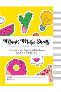 Blank Music Sheets: Yellow Fresh with Cactus - 12 Staves, 100 Pages, Full Paper Size (8.5*11)