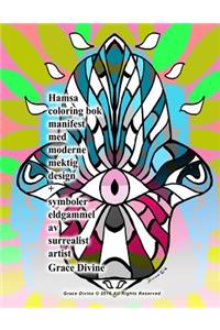 Hamsa coloring bok manifest med moderne mektig design + symboler eldgammel av surrealist artist Grace Divine
