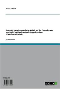 Relevanz Von Ehrenamtlicher Arbeit Bei Der Finanzierung Von Rock/Pop Musikfestivals in Der Heutigen Erlebnisgesellschaft