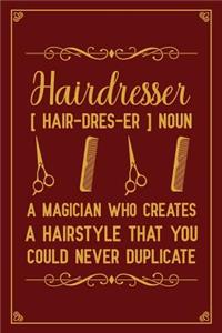 Hairdresser [ hair-dres-er ] a magician who creates a hairstyle that you could never duplicate
