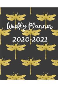 Weekly Planner 2020-2021: 2 Year Calendar, Weekly and Daily Planner for Two Years - Black & Gold Dragonfly Pattern