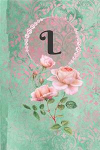 Personalized Monogrammed Letter L Journal: White Paper with Green and Pink Damask Lace with Roses on Glossy Cover