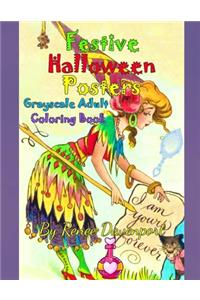 Festive Halloween Posters Grayscale Adult Coloring Book