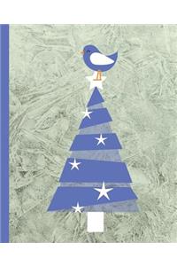 Christmas Night Blue & White Bird on Tree Gift Blank Line Composition Notebook