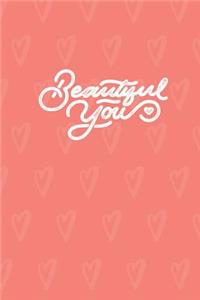 Beautiful You: Hearts on the Pink Coral Background Dotted Bullet Grid Journal