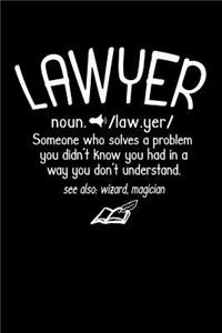 Lawyer noun. /law.yer/ Someone Who Solves A Problem You Didn't Know You Had In A way You don't Unterstand See Also