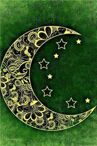 A Filagree Crescent Moon and Stars on a Green Background Journal