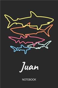 Juan - Notebook: Blank Lined Personalized & Customized Name 80s Neon Retro Shark Notebook Journal for Men & Boys. Funny Sharks Desk Accessories Item for 1st Grade / 