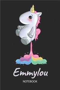 Emmylou - Notebook: Blank Ruled Personalized & Customized Name Rainbow Farting Unicorn School Notebook Journal for Girls & Women. Funny Unicorn Desk Accessories for Kin