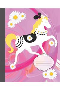 Cute White Pony Yellow Mane Pink Swirl & Daisies Composition Wide-ruled blank line School Notebook