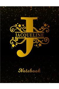 Jacqueline Notebook: Letter J Personalized First Name Personal Writing Notepad Journal Black Gold Glittery Pattern Effect Cover Wide Ruled Lined Paper for Journalists & 