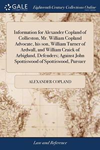 INFORMATION FOR ALEXANDER COPLAND OF COL