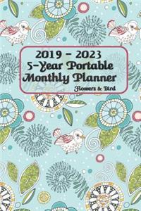 2019 - 2023 5-Year Portable Monthly Planner Flowers & Bird 6x9