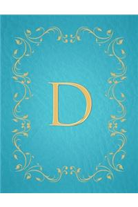 D: Modern, stylish, capital letter monogram ruled notebook with gold leaf decorative border and baby blue leather effect. Pretty and cute with a design