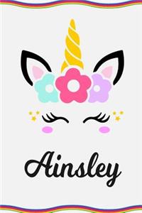 Ainsley: Personal Notebook Personal Diary Unicorn Notebook Personalized Journal Customized Journal Unicorn Lover Gift Personal Name Notebook