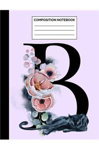 Composition Notebook: Letter B Black Panther Monogram Floral Wide Ruled Lined Note Book - Pretty Lavender Cat Lover Journal with Lines for Kids Teens Students or Teachers